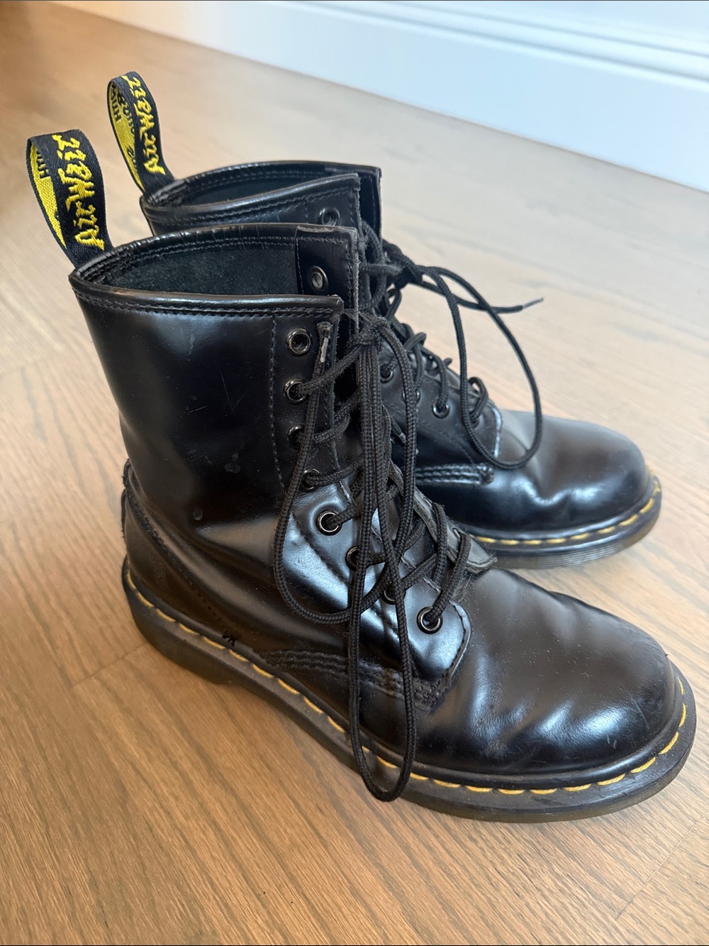Dr. Martens Black Leather Lace-Up Combat Boots with Yellow Stitching